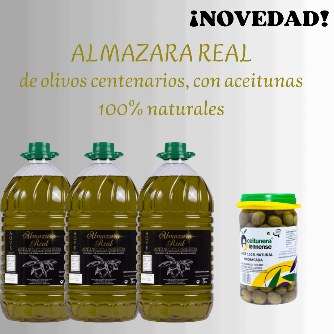 Almazara Real: Picual-AOVE 5L-Caja 3 uds.+aceitunas NATURALES