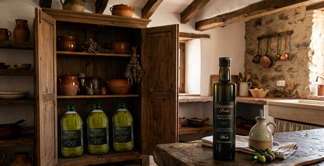 Aceite de olivo guardado en despensa para su buena conservación