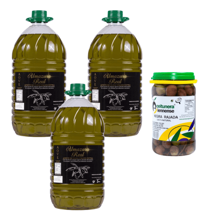 Almazara Real Picual -AOVE 5L - Caja 3 uds + aceitunas negras