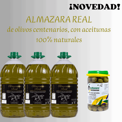 Almazara Real: Picual-AOVE 5L-Caja 3 uds.+aceitunas NATURALES