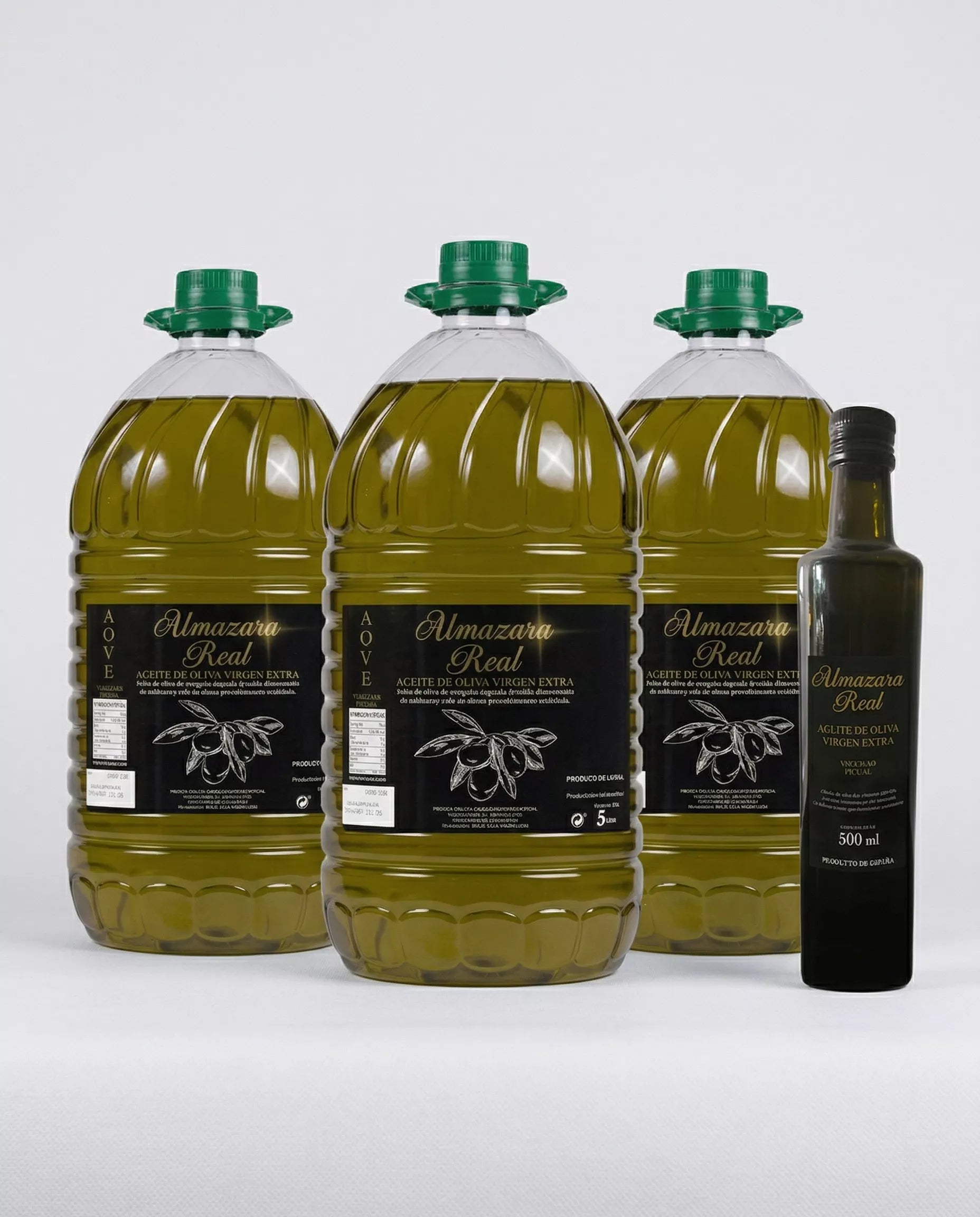 Lote 3 Garrafas Aceite de Oliva 5L Almazara Real Regalo Botella 0.5L