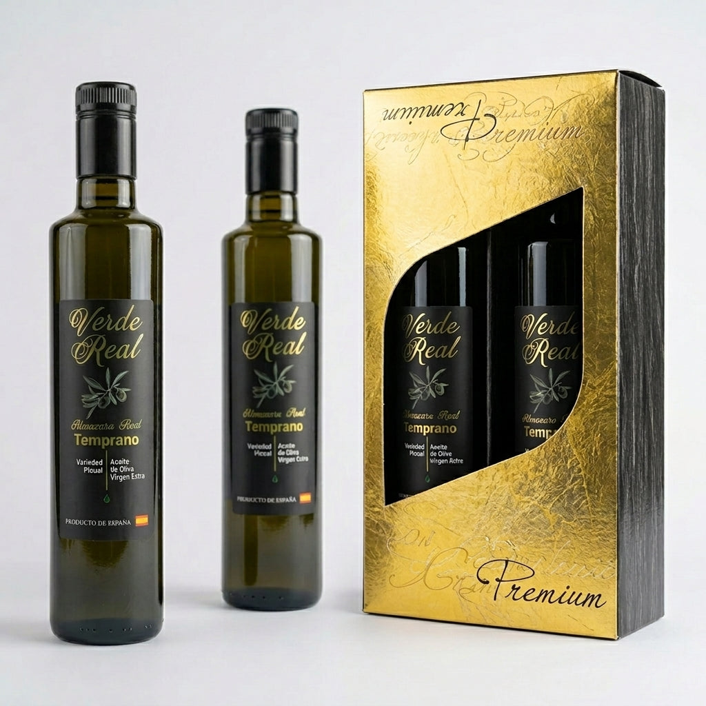 Estuche Regalo Aceite de Oliva Virgen Extra Almazara Real Picual de Jaén Verde Real 2 x 500ml