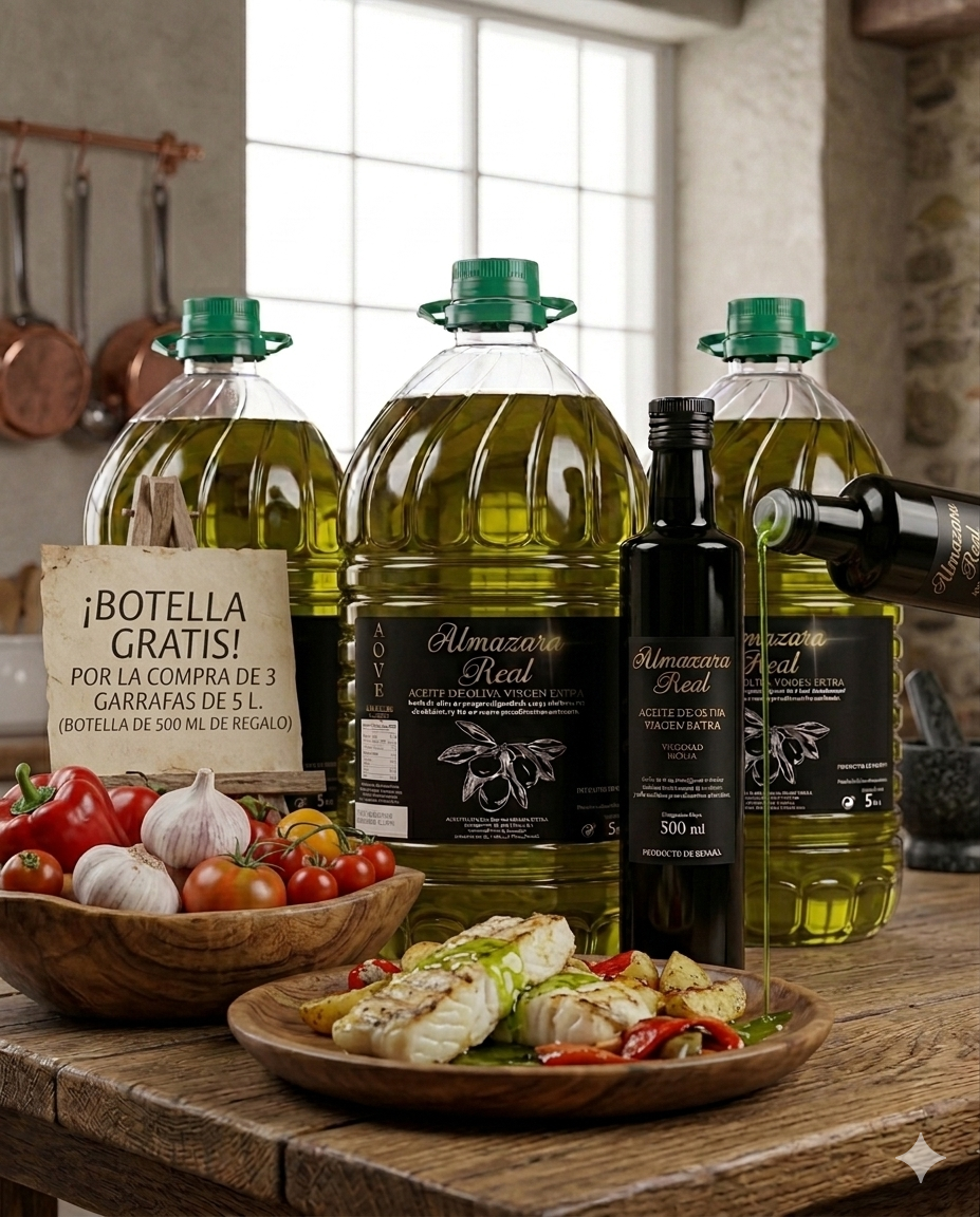 Lote 3 Garrafas Aceite de Oliva 5L Almazara Real Regalo Botella 0.5L