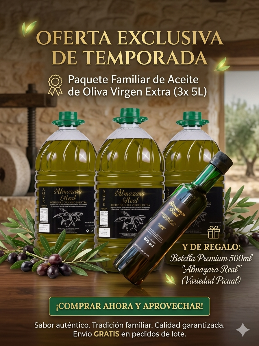 Lote 3 Garrafas Aceite de Oliva 5L Almazara Real Regalo Botella 0.5L